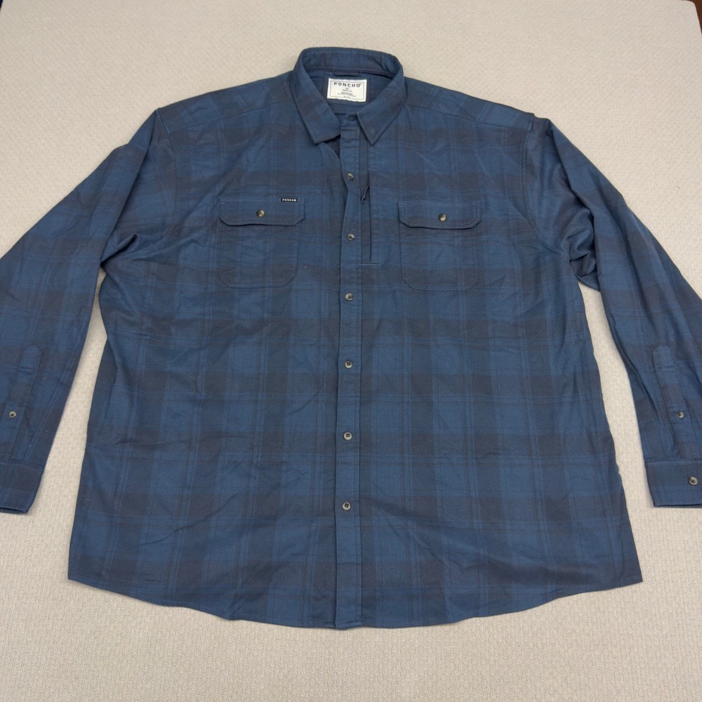 Poncho Outdoors Shirt Mens 3XL Blue Plaid Flannel Magnetic Pockets Fishing